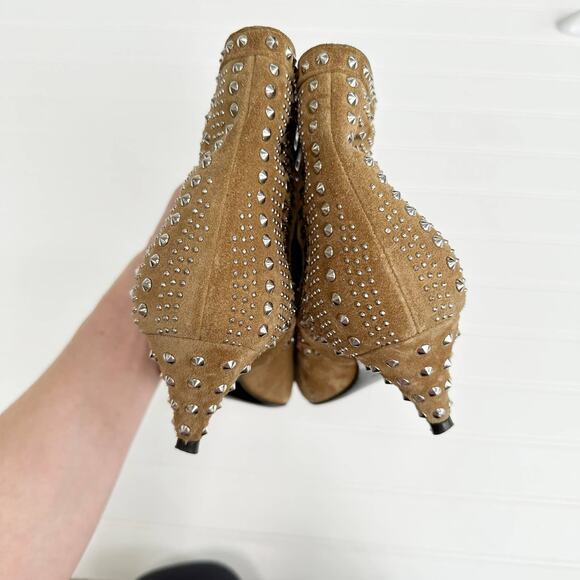 Saint Laurent Cat Ankle Bootie 50 Tan Suede Studded Heels Western Kitten - Picture 11 of 14